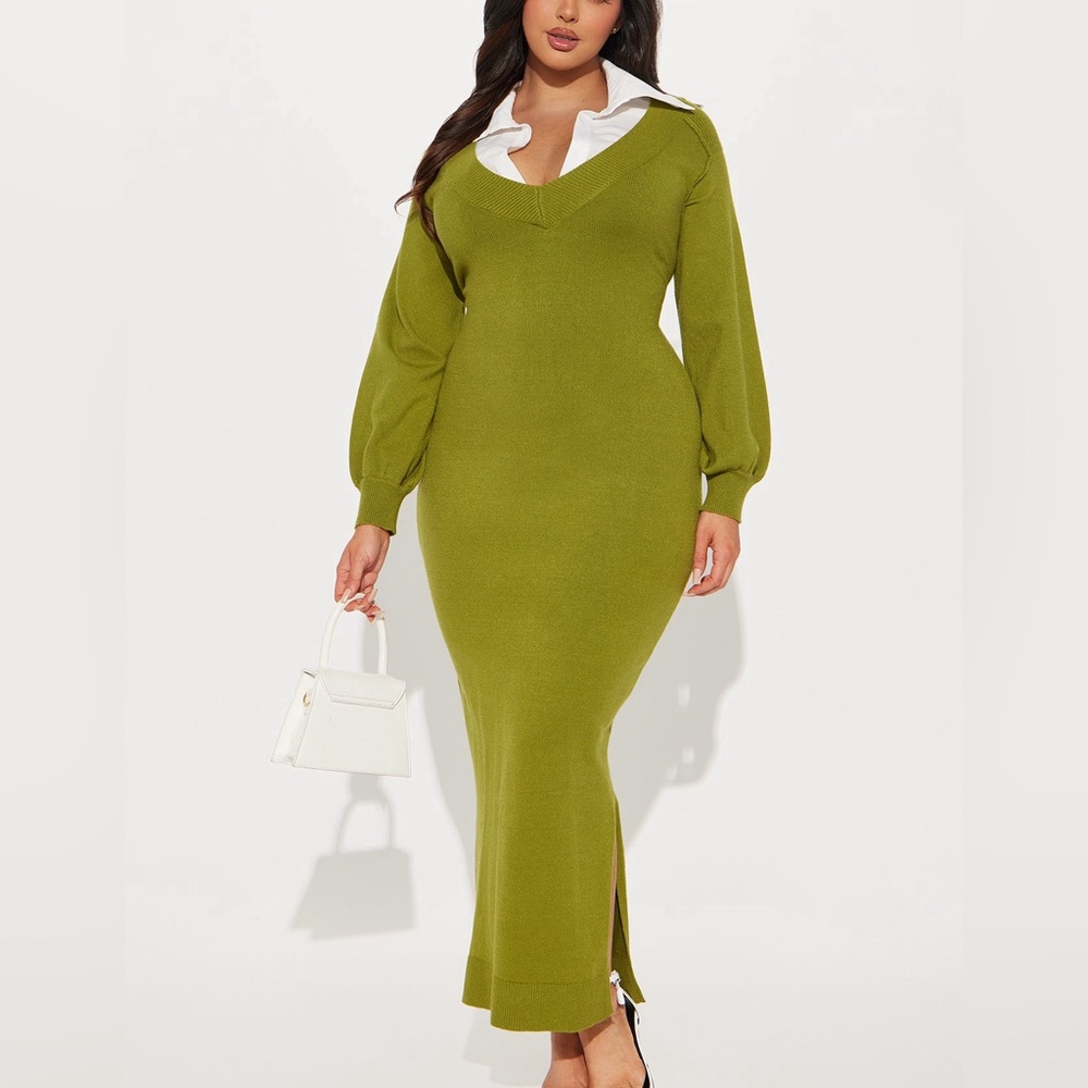 FASHION NOVA Green Sweater Dress with attached faux collar top.